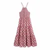 Za Women Pink Polka Dot Halter Dress Summer Sleeveless Backless Beach Straps Dress Fashion Elastic Smocked Abiti longuette pieghettati 210602