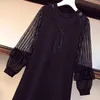 Women Black Elegant Short Dress Autumn Sexy See Through Mesh Stripe Long Sleeve Patchwork Diamond Dresses 210428