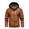 Męska kurtka motocyklowa Z Kapturem Jesień Zima Faux PU Skórzane Kurtki Mężczyźni Casual Solid Solid Biker Płaszcz Zipper Fleece Płaszcze 211008