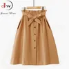 Women Casual Cotton Skirts Spring Summer Korean Style Solid Elegant High Waist Single-Breasted Bow Lace Up A-Line Midi Skir 210621