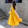 Casual Summer Dress Donna Elegante scollo a V Bow Tie Strap Tunica A Line Midi Calf Party Beach Flare Vestidos 210603