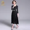 Spring Fashion Runway Vintage Black Dresses Kvinnors Sexiga V-Neck-Sequins Patchwork Dress Vestidos Free Belt 210520