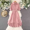 Elegant Chic Vintage Dress for Woman Solid Color Belt Short Sleeve Irregular Office Ladies Midi French Sweet OL 210506