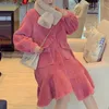 Misschien u vrouwen roze wollen o-hals single-breasted jas pocket ruche asymmetrische lange mouw lange jas met sjaal winter C0405 210529
