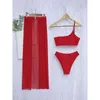 In-X Bandeau-Badeanzug für Damen, solides 3-teiliges Set, One-Shoulder-Bademode, weiblicher Rock, Gürtel, Bikini 2021, Sport-Badeanzug, Biquini X0522