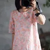 ジョニー教徒の女性プリントフローラルリネンドレスOネック半袖夏ヴィンテージルーズボタン女性服中国のドレス210521