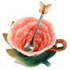 Porselen Kelebek Ayçiçeği Kupa + Çanak + Kaşık Seramik Kupa Kahve Fincanları Orijinal Ev Dekor Çince