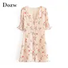 Kwiatowy Drukuj Lato Mini Dress Kobiety Wzburzyć Krótki Rękaw Vintage Party Sexy V Neck Buttons Beach Sundress Vestidos Mujer 210515