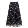High waist pleated skirt women autumn winter Korean love mesh print Vintage long yarn woman s 210619