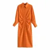 Women Pleated Shirt Dress Fashion Long Sleeves Button-up Side Zipper Chic Lady Casual Midi Dresses Woman Robe 210709