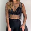 YiDuo Frauen Transparent Oansatz Langarm Sexy Spitze Mesh Hemd Club Party Tops Damen 2020 Frühling Perle Perlen Bluse Blusas h1230