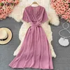 Neploe Vintage French Fairy Elegant Summer Robe Female V-neck Short Puff Sleeve Vestidos Women High Slim Waist Office Lady Dress Y0823