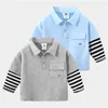 Spring Autumn 2 3 4 5 6 8 10Years Children Cotton Turn-Down Collar White Black Striped Patchwork T-shirt For Baby Kids Boys 210701