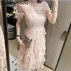 Dentelle rose broderie maxi robe femme été féminin manches courtes haute taille volant élégant longue fête robes femme 210603