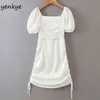 Women Sexy Backless Drawstring Draped Bodycon Square Neck Lantern Sleeve Elegant White Summer Mini Party Dresses 210514