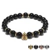 8mm Natural Black Onyx Gemstone Elastic Bead Bracelet CZ Men's Warrior Helmet Charm Bead Bracelet