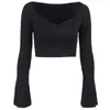 Kadınlar T-Shirt Zoulv Bahar 2022 Katı şeritli parlama kol kırpılmış üstler vintage derin v yaka ince seksi siyah parti zarif tees sokak kıyafetleri