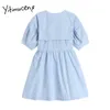 Koszulka Yitimuceng Suknie Kobiety Lato Wysoka Talia Puff Sleeve Peter Pan Collar A-Line White Blue Korean Moda Dress 210601