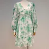 Women Color Printing Hollow Lace Patchwork Dress V-Neck Long Sleeve High Waist Slim Fit Fashion Tide Summer 7D0393 210421