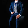 3 Sztuka Groom Tuxedo do ślubu Navy Niebieski Slim Fit Men Garnitury z Notched Lapel Moda Kurtka Moda Szare kamizelka z spodniami X0909