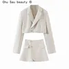 lapela de primavera um botão curto terno jaqueta corte top blazer mini saia moda duas peças mulheres 210514