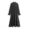 Vintage Elegant Bow Tie Collar Print Dress Women Long Sleeve Ruffle Midi Elastic Waist Chic Casual Black es 210515