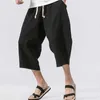 Baggy Bawełniane Pościel Harem Spodnie Mężczyźni 2021 Letni Mężczyźni Harajuku Streetwear Hip Hop Szerokie spodnie nogi Casual 3/4 Pant x0723