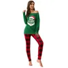 Merry Christmas Mulheres Inverno Pijamas Definir algodão Sleepwear Long Lattice Calças + Xmas Imprimir Pijamas Mulheres Roupas Pijama Plus Tamanho 211211