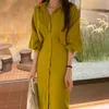 Fashion-Femme Printemps Automne Fashion Manche Long Midi Chemise Robe élégante Bormon Solide Vestidos ZA Femme Casual Slim Party Vêtements