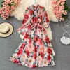 Casual Dresses Summer Bohemian Chiffon Long Dress Women Blue/Red/Yellow Floral High Waist Big Swing Vestidos Female Runway 2021 Spring