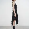 Black Vintage Sling Dress for Women Square Collar Bez Rękawów Wysoka talia Nieregularne Dresses Midi Suknie 210520