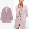 Za rosa houndstooth blazer kostym kvinnor långärmad pekade axlar vintage plaid blazers kvinna knäppas upp ytterkläder topp 210602