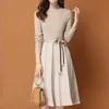 Elegant Knitted pleated Female Autumn Winter Long Sleeve Sweater Women Office Lady Casual Midi Dress 210322