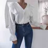 Autumn White vintage shirt Blouses for women blouse with V bell-sleeve ruffles casual white shirt tops Women's blouse clothing 210514