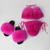 Real Fox Fur Chinelos Mulheres Sandálias Moda Fur Bikini Bra Bra praia Sexy Swimsuit Underwear Sapatos Fofos Novo Hot Bikini Set H0914