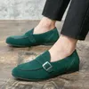 Moda Nowa Wielka Brytania Męskie Suede Black Groren Monk Pasek Ślubne Buty Wieczorowe Mieszkania Casual Loafer Sukienka Sapatos Tenis Masculino