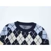 Argyle Wzór Splitty Pullover Knitwear i sweter Koreański Vintage Długim Rękaw Podgładowy Spring Ol Classic Dzianiny Topy 210515