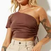 Women's T Shirts Women's T-Shirt Summer Top For Wommen 2022 Ladies Solid Color Slim-Fit Pleated Drawstring Diagonal One-Shoulder