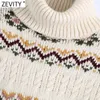 Zevity Donna Vintage Dolcevita Fiore Stampa Jacquard Maglione Lavorato A Maglia Femminile Bordo Onda Maglia Casual Chic Pullover Top S650 210603