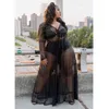 Malha extravagante Long Sexi Swimsuit Bikini Cobertura Ups Beach Dress Manga Swiming Roupas Plus Size Ternos de Banho Preto para Mulheres 211115