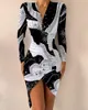 Casual Dresses Autumn And Winter Long Sleeve V-neck Printed Tight Split Dress Women's