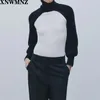 Kvinnor Mode Sticka Armvärmare Med Turtleneck Vintage Lång Ballong Sleeves Ribbed Trims Sweater Kvinna Pullovers Chic 210520