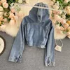 All-match Vintage High Waist Casual Autumn Long Sleeve Hooded Cropped Denim Jacket Clothing Fashion Tops Jeans Coat Streetwear 210610