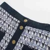 レトロな青いチェック柄ツイードのエレガントなシングルブレストポケットミニハイウエストAラインスカート女性スタイル210521