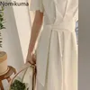 NOMikuma Элегантная тонкая талия Sash Sharace платье платье женщин сплошной цвет о шеи с коротким рукавом платья женский корейский стиль Vestidos 3C240 210514