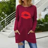 Frühling Herbst Lange Hülse Lose Beiläufige Rundhals Tasche Lip Print T-Shirt Frauen Mid-Länge Frau T-shirts Femme Tops 210517