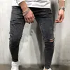 Heren jeans mannen skinny effen kleur knie gat denim was vintage hiphop broek slank vernietigd ontwerp mode mannelijke kleding broek