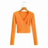 Stickad Ribbed Orange Beskuren Pullover Femme V Neck Vintage Kort Höst Vinter Långärmad Tröja Jumper Casual 210427