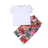 Été Enfants Ensembles Casual Manches Courtes O Cou Blanc Solide T-shirt Imprimé Floral Pantalon 2pcs Fille Vêtements 9M-7T 210629