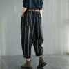 Spring Arts Style Women Loose Casual Striped Cotton Denim Ankle-length Pants Elastic Waist Harem Jeans W290 210512